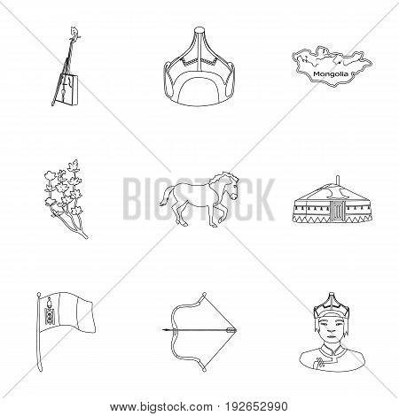 Mongolian national characteristics. Icons set about Mongolia.Clothing, soldiers, equipment. Mongolia icon in set collection on outline style vector symbol stock web illustration.