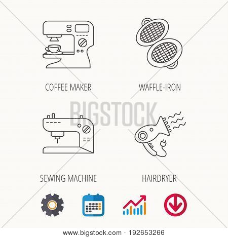 Coffee maker, sewing machine and hairdryer icons. Waffle-iron linear sign. Calendar, Graph chart and Cogwheel signs. Download colored web icon. Vector
