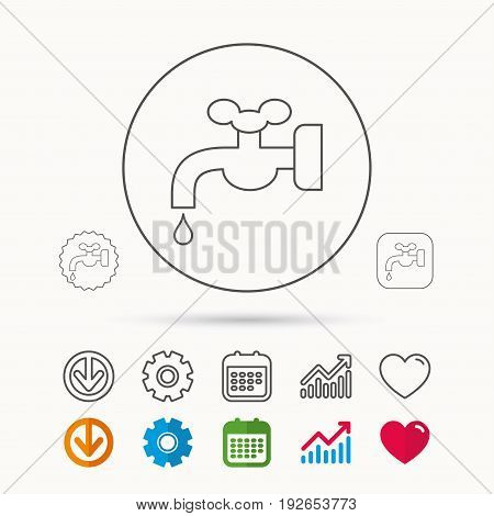 Water supply icon. Crane or Faucet with drop sign. Calendar, Graph chart and Cogwheel signs. Download and Heart love linear web icons. Vector