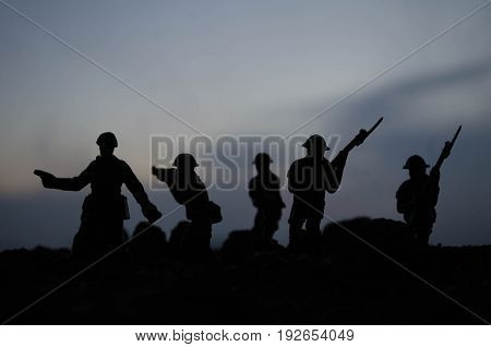 War Concept. Military Silhouettes Fighting Scene On War Fog Sky Background, World War Soldiers Silho