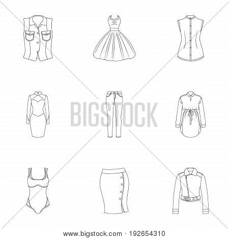 Collection of icons of womens clothing. Various women's clothes for work, walking, sports. Women clothing icon in set collection on outline style vector symbol stock web illustration.