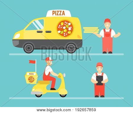 Food delivery service vector concept. Pizza delivery by car and motorbike. Man holding pizza.