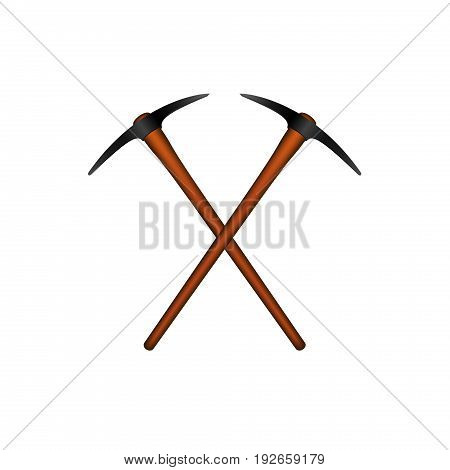 Two crossed mattocks in black design with wooden handle on white background