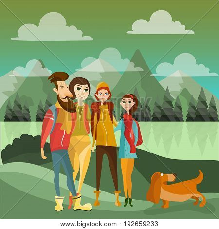 Family hiking in mountains concept vector poster in flat style. Cartoon people characters. Family outdoor activity.