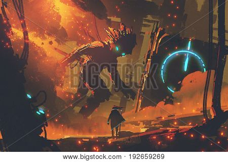 sci-fi concept of the witch looking at giant robot with burning city on background digital art style illustration painting