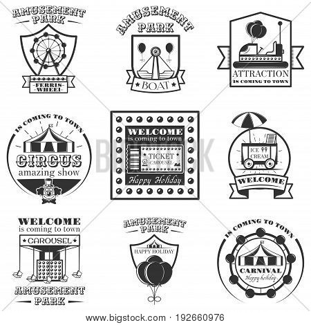 Vector set of amuesment park labels and design elements in vintage style. Black and white amusement park symbols, logos, bages and design elements. Attractions, carousel, wheel, ice cream cart.