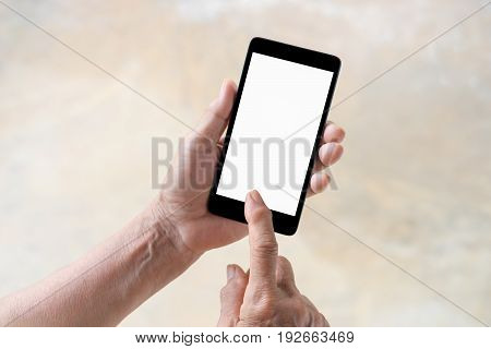 older person, hand holding and touch smart phone with blank white screen