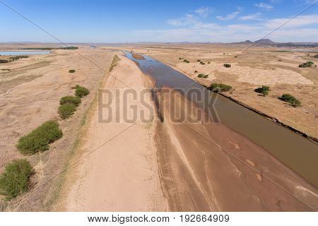 Aerial view of the Caledon river during the dry season, South Africa 