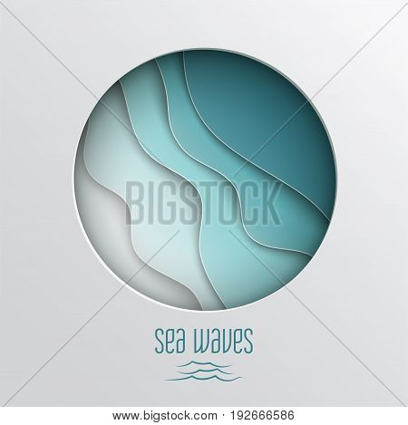 Paper cut out round frame with abstract blue sea summer background with curve paper wave and seacoast for banner poster or web site design. Paper cut style sea waves text vector illustration