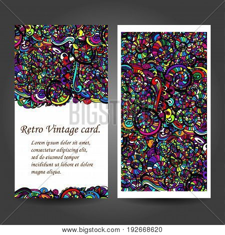 Business card with asian ethnic floral retro doodle background pattern in vector. Zentangles inspired.
