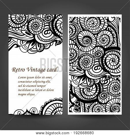 Business card with asian ethnic floral retro doodle background pattern in vector. Zentangles inspired.