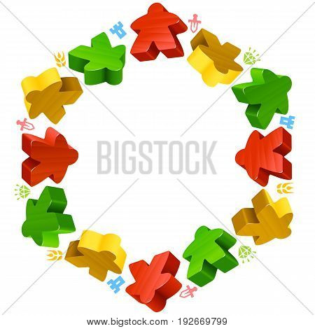 Hex frame of multicolored meeples for board games. Red, yellow and green game pieces, and resources counter icons isolated on white background. Vector border for design boardgames advertisement or template of geek t-shirt print