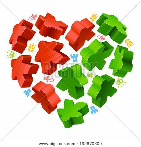 Vector game pieces in the shape of heart. Red and green wooden meeples, and resources counter icons isolated on white background. Concept of love by board games