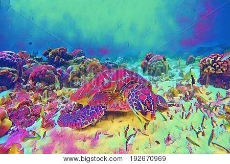 Sea turtle rest undersea. Tropical seashore fantastic digital illustration. Tortoise in wild nature. Exotic island seashore animal. Snorkeling underwater scene. Marine reptile green turtle and seaweed