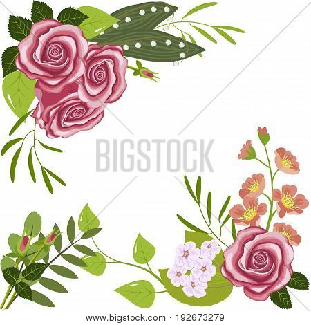 Greeting card, corner flower composition, roses, branches of flowering dogrose and cherry, lily of the valley flowers and leaves, isolated on white background, vector illustration