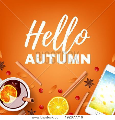 Orange beautiful background hello autumn. Top view on composition with cinnamon sticks, cup of mulled wine, rowan on orange backdrop. Vector illustration.