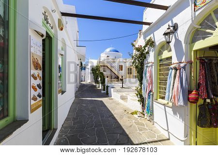 APOLLONIA, GREECE - MAY 20, 2017: Shops in the old village of Apollonia on Sifnos island in Greece on May 20, 2017.