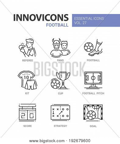 Football - modern color vector single line icons set. Referee, fan, ball, foot, kit, shirt, shorts, uniform, number, ten trophy monitor game plan play score strategy goal