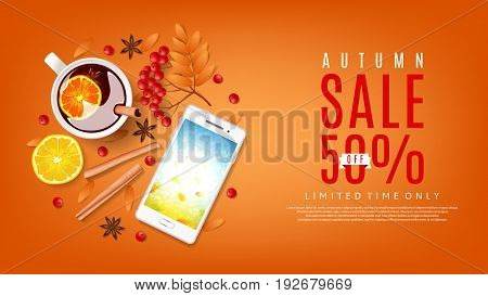 Orange beautiful web banner for autumn sale. Top view on composition with cup of mulled wine, rowan, cinnamon sticks on orange background. Vector illustration.