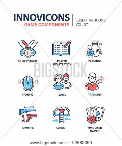 Game Components - modern vector line design icons set. Competition, player registration, earning, training, team, transfer, online first person shooter, career, massively multiplayer card game.
