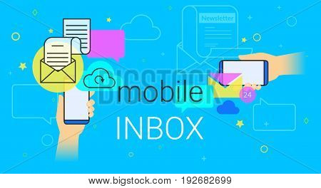 Mobile inbox sync app on smartphone concept vector illustration. Human hands hold smart phone with email app for receiving newsletters and network notification. E-mail synchronization blue background