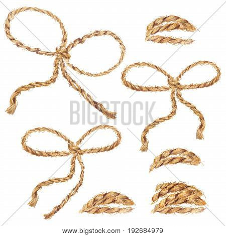 Watercolor hand drawn background with the bow-knot of the linen rope. Set of cable ropes. Jute rope with bow watercolor. Twine. Isolated illustration on white background.