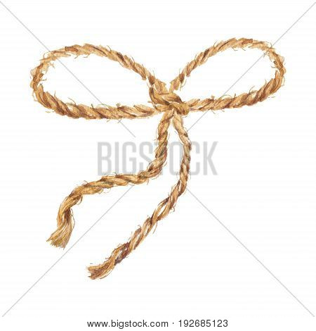 Watercolor hand drawn background with the bow-knot of the  rope. Brown cable. The jute rope. Twine. Isolated illustration on white background.