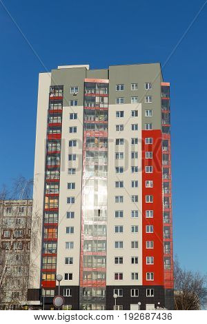 Modern And New Apartment Building. Multistoried, Modern, New And Stylish Living Block Of Flats. Real
