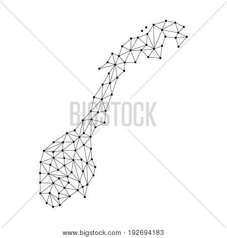 Norway map of polygonal mosaic lines network rays and dots vector illustration.