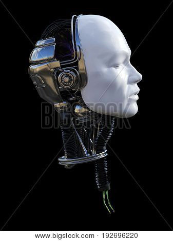 3D rendering of severed male robot head in profile with torn cables coming out from the neck. Black background.