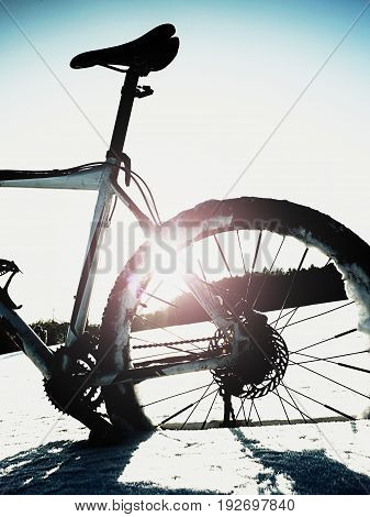 Extremme Contrast. Mountain Bike Stay In Powder Snow. Lost Path  In Deep Snowdrift.