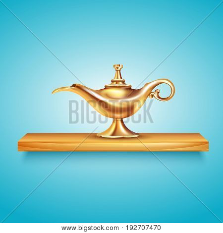 Aladdin lamp shelf composition with cumbersome image of golden vessel on wooden shelf on blue background vector illustration