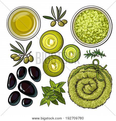 Set of spa salon accessories - basalt stones, massage oil, towel, candles, aromatic salt, sketch vector illustration on white background. Spa set - stones, massage oil, rolled up towel, candles