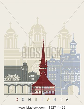 Constanta landmarks and monuments isolated on blue background in editable vector file