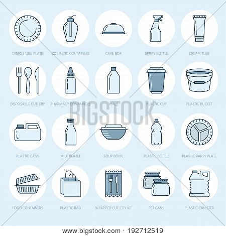 Plastic packaging, disposable tableware line icons. Product packs, container, bottle, packet, canister, plates and cutlery. Container thin linear signs for shop or synthetic material goods production.