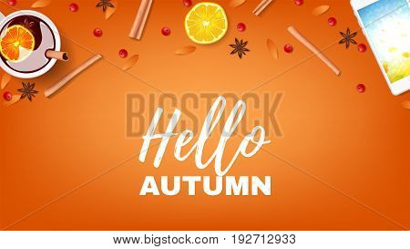 Beautiful orange web banner hello autumn. Top view on composition with cup of mulled wine, rowan, cinnamon sticks on orange background. Vector illustration.