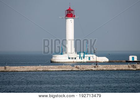 Vorontsov Lighthouse Ukraine the gulf of Odessa. Sunny day landscape with sea skyline seamark.