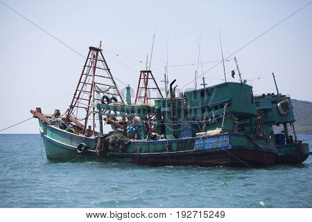 PHU QUOC, VIETNAM - March 21, 2017: Lifestyle of fishermen on their boats in An Thoi pier village, Phu Quoc island, Vietnam