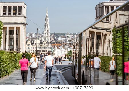 BRUSSELS, BELGIUM - June 01, 2017: People walk on the street on the Arts mountain with great view on the old town of Brussels