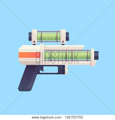 Flat cartoon sci-fi gun blaster with acid liquid. Great for mobile games, app and web design, kids toys, clothes, apparel.