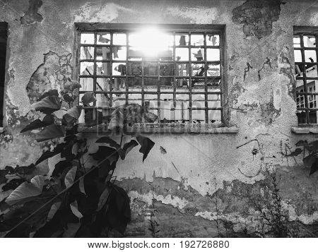 Windows with bars on of an old abandoned building
