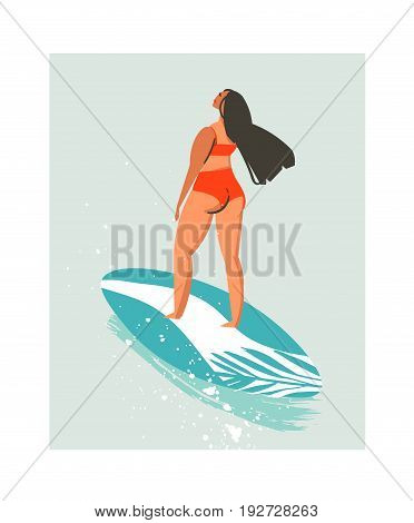 Hand drawn vector abstract cute summer time beach surfer girl illustration with red swimwear and surfboard isolated on blue background.