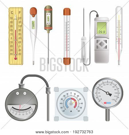 Thermometers for atmosphere, heating mechanisms and human body made of wood and metal, electronic one, covered with glass and with round scale isolated vector illustrations set on white background.