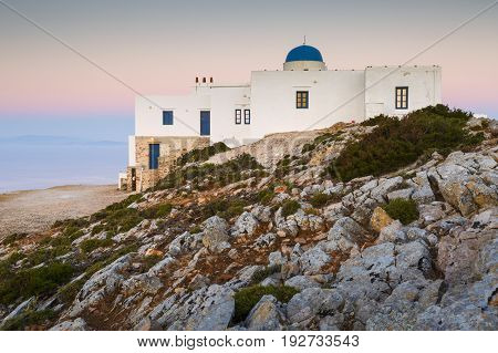 Church of Agios Symeon above Kamares village at sunset.