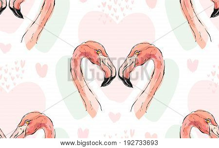 Hand drawn vector abstract tropical romantic seamless pattern with couple of two pink flamingos isolated on white background