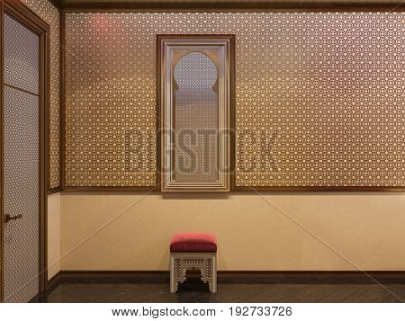 3d illustration, interior design of a hotel room in a traditional Islamic style. Beautiful deluxe room Ramdan Kareem background interior view decorated with Islamic motifs.