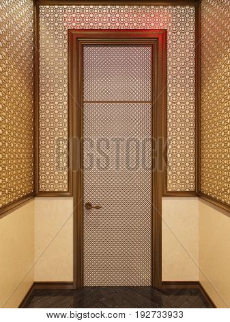 3d illustration, interior design of a hotel room in a traditional Islamic style. Beautiful deluxe room Ramdan Kareem background interior view decorated with Islamic motifs.