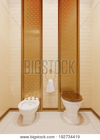 3d illustration, interior design bathroom of a hotel room in a traditional Islamic style. Beautiful deluxe room Ramdan Kareem background interior view decorated with Islamic motifs.
