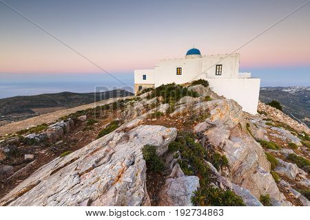 Church of Agios Symeon above Kamares village at sunset.