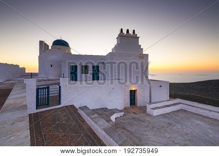Church of Agios Symeon above Kamares village at sunset.